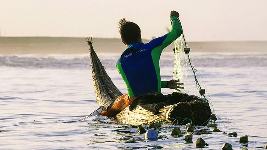 Fishing with a caballito de totora traditional surfboard-like reed boat