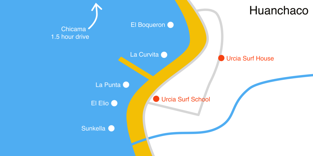 Map of surf spots and breaks in Huanchaco Peru